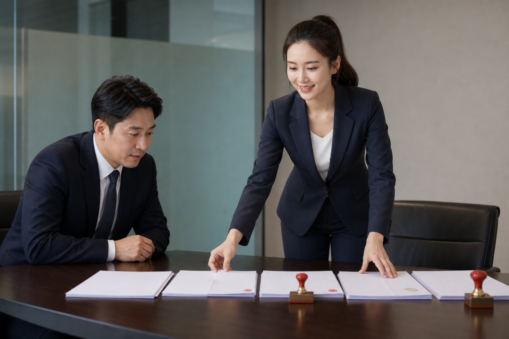 상담실 탁자 위에서 컨설턴트가 수출 서류 양식을 순서대로 배열하고 한국인 임원이 지켜보는 모습
