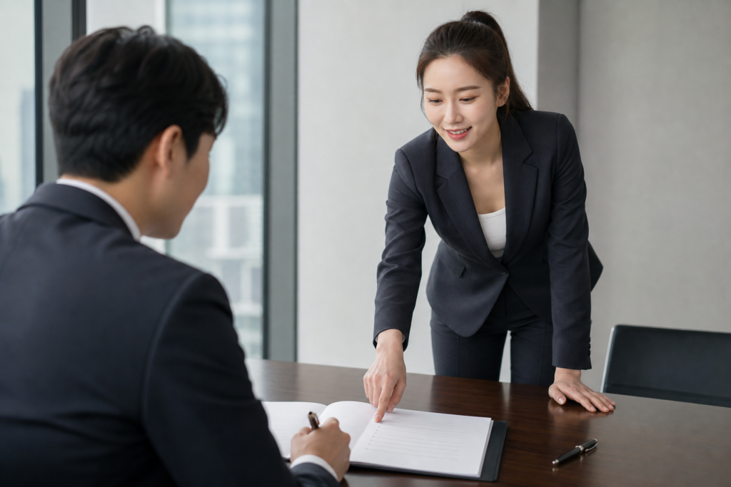짙은 색 정장을 입은 아랍 비즈니스 컨설턴트가 회의 테이블에서 서명 직전 계약서의 서명란을 손가락으로 짚어 보이고, 맞은편에 앉은 한국인 임원이 펜을 든 채 그 손끝을 바라보고 있다