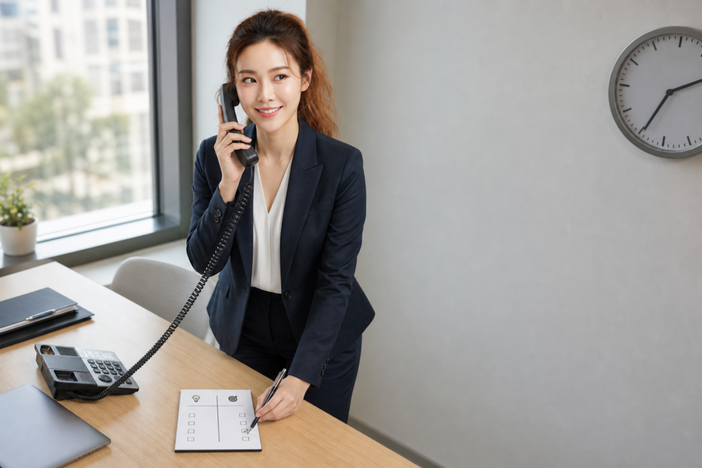 아랍 비즈니스 컨설턴트가 전화를 받으며 벽시계를 확인하고 책상 위 점검표에 표시하는 모습